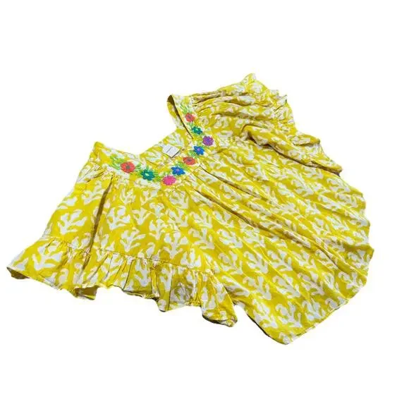 Sister Mary Beautiful Ruffle Sleeve Top Sz Medium Embroidered Yellow Boho Cotton